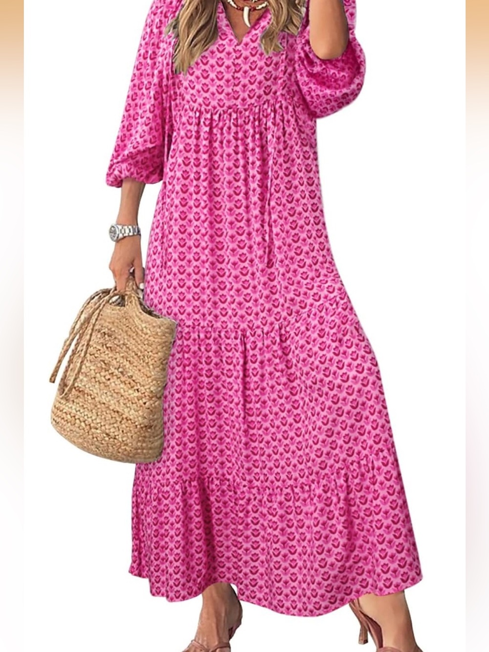 miduo Womens Casual V Neck Half Sleeve Bohemian Geometric Maxi  Dress Pink Large
